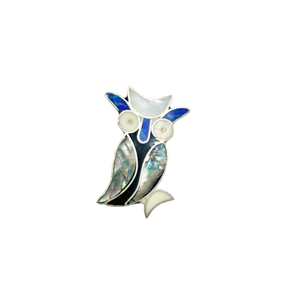 Vintage Alpaca Silver Mexico Owl Bird Pin Brooch with Abalone Shell Stone Inlay